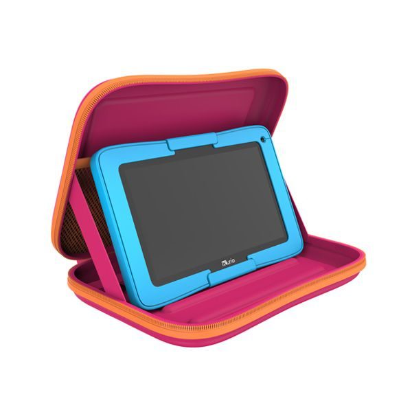 Roze kurio reiskoffer met blauwe tablet